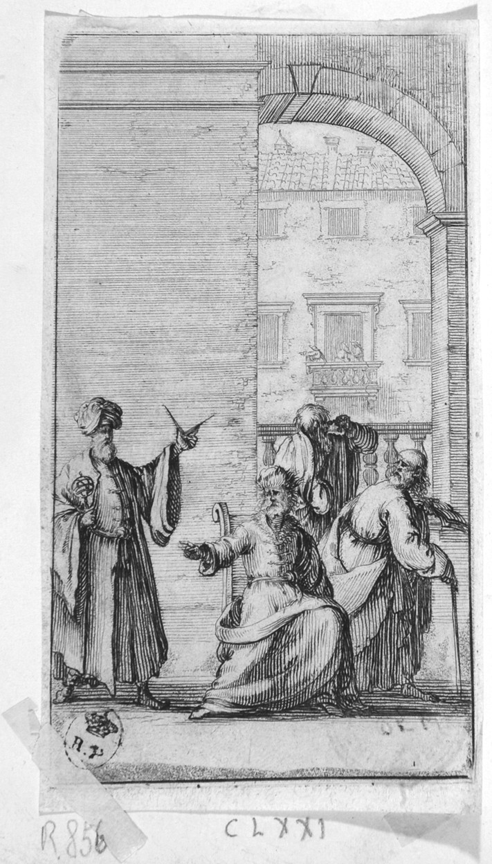 Gli astrologi interpretano il sogno di Lambertaccio, astrologi (stampa smarginata, serie) di Bazzicaluva Ercole (sec. XVII)