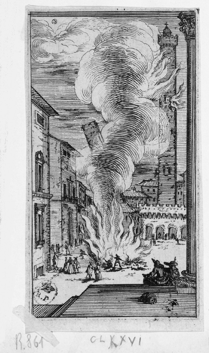 Fuoco di gioia dei Bolognesi, fuoco in piazza a Bologna (stampa smarginata, serie) di Bazzicaluva Ercole (sec. XVII)