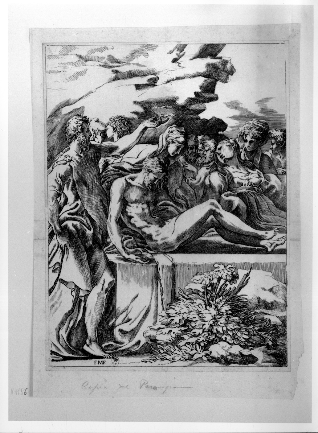 compianto sul sepolcro di Cristo (stampa smarginata) di Mazzola Francesco detto Parmigianino - ambito emiliano (seconda metà sec. XVI)