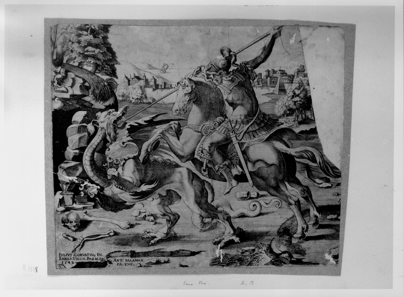 San Giorgio uccide il drago (stampa smarginata/ tagliata) di Vico Enea, Clovio Giulio (sec. XVI)