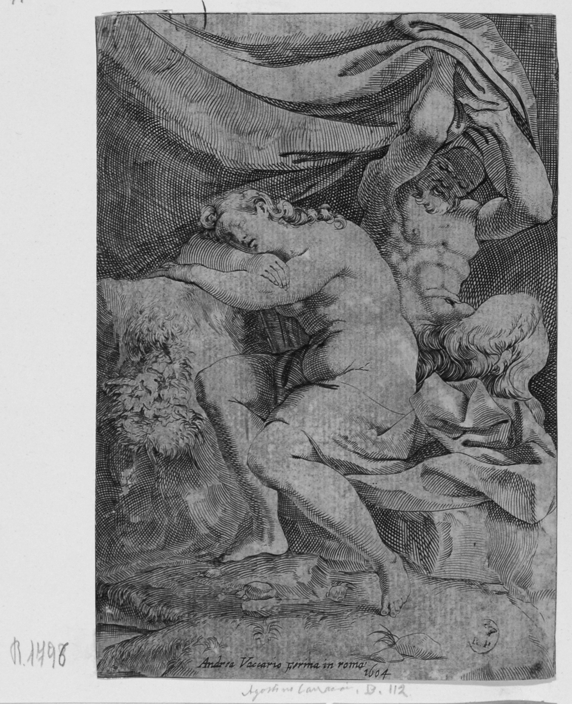 Satiro scopre una ninfa dormiente (stampa) di Carracci Agostino, Brizio Francesco (sec. XVII)