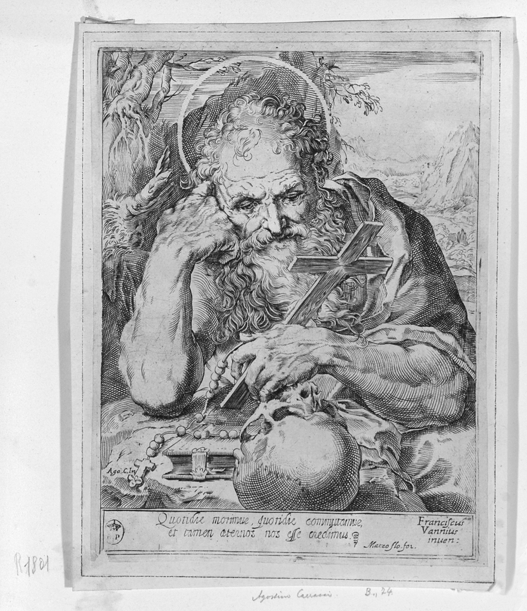 San Girolamo in meditazione (stampa smarginata) di Carracci Agostino, Vanni Francesco - ambito Italia centro-settentrionale (prima metà sec. XVII)