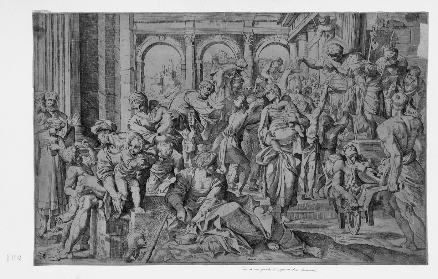 San Rocco distribuisce i suoi beni ai poveri (stampa smarginata) di Carracci Annibale, Brizio Francesco - ambito italiano (secc. XVI/ XVII)