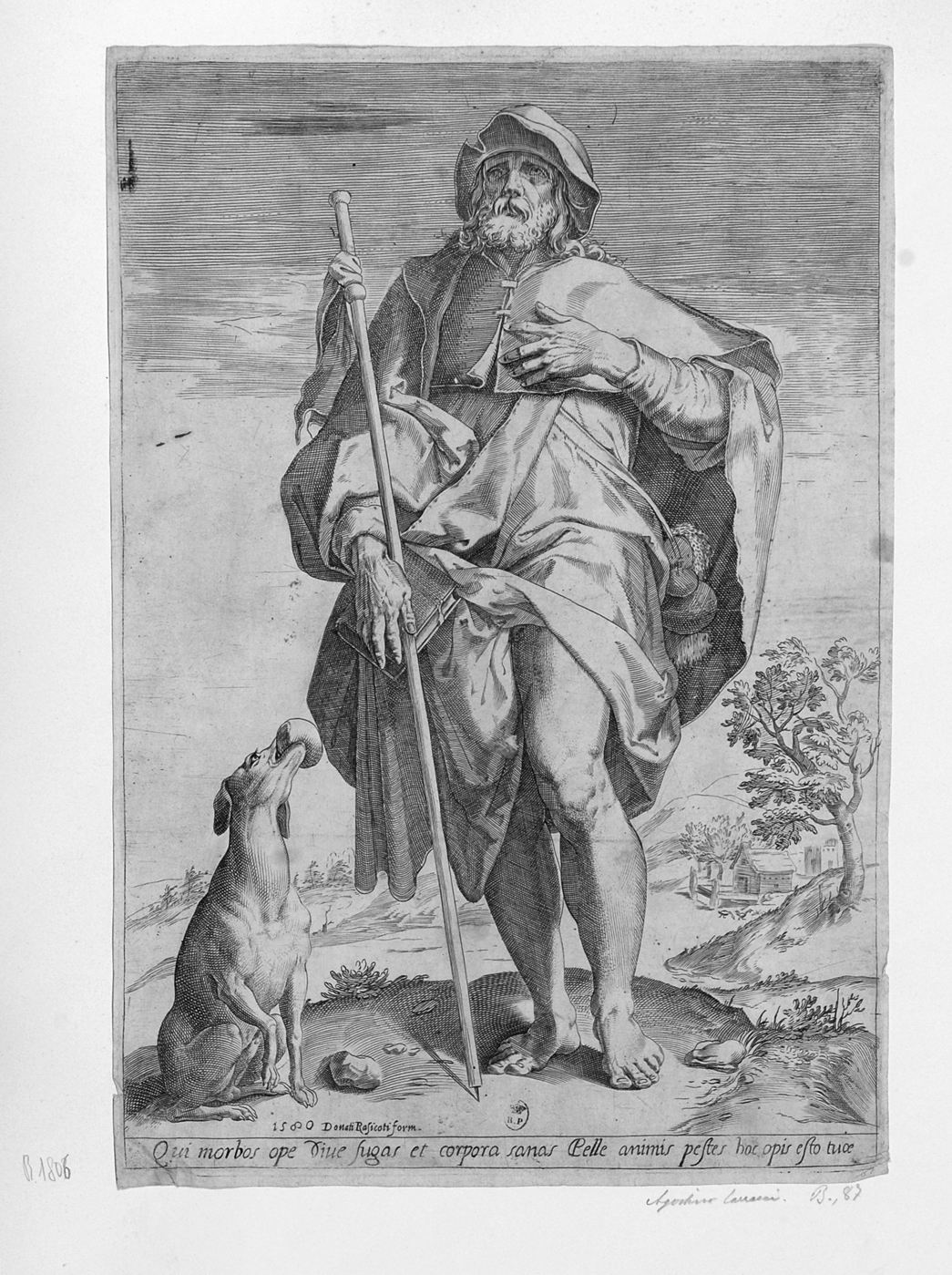 San Rocco e il cane (stampa smarginata) di Cort Cornelis, Carracci Agostino (sec. XVI)