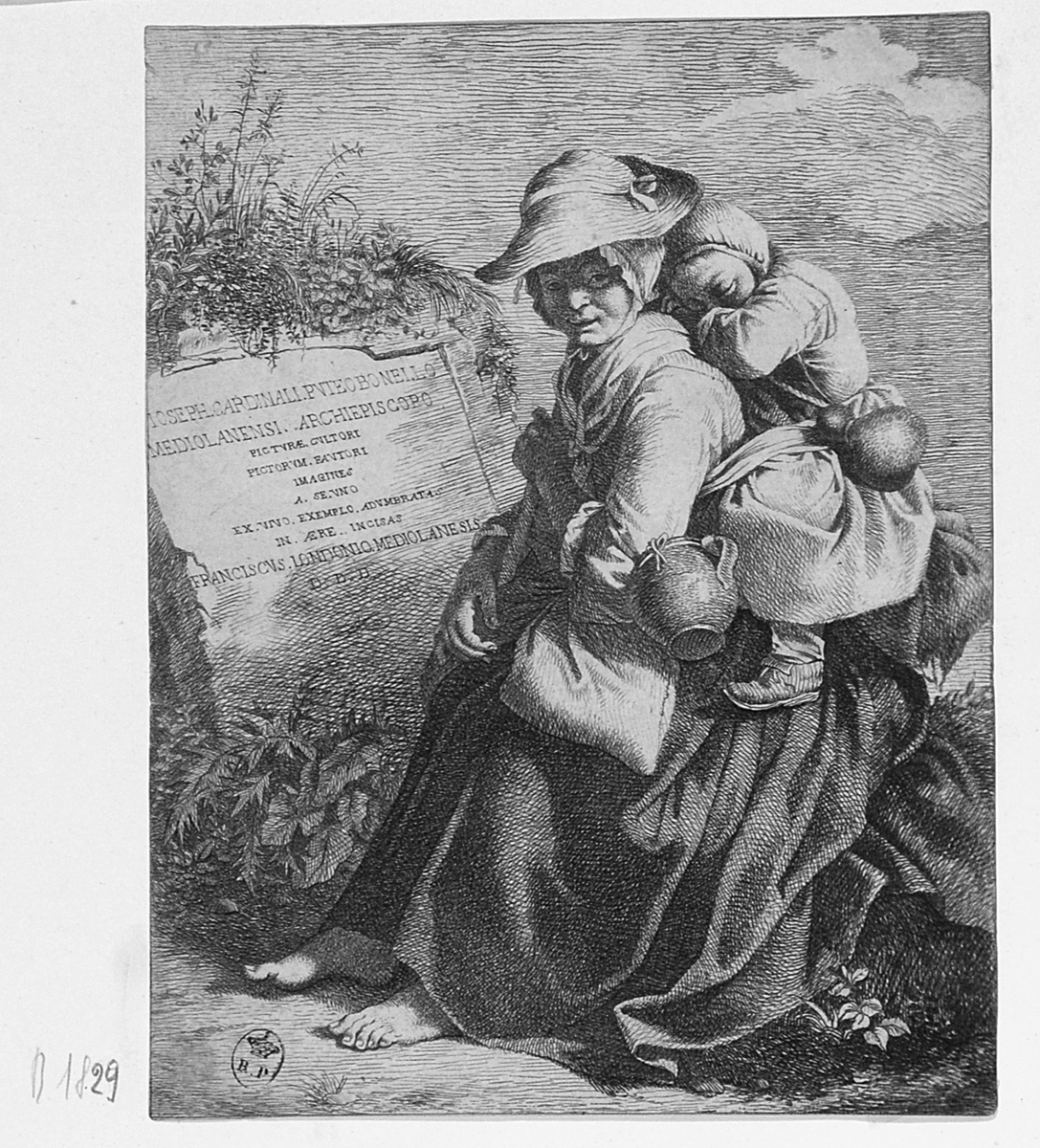 donna con bambina sulla schiena e dedicatoria (stampa smarginata) di Londonio Francesco (sec. XVIII)