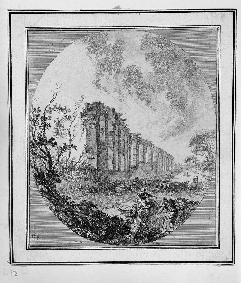 Acquedotto dell'Acqua Claudia, rovine dell'acquedotto Claudio (stampa smarginata, serie) di Richard de Saint-Non Jean Claude detto Abbé de Saint-Non, Le Prince Jean-Baptiste (sec. XVIII)