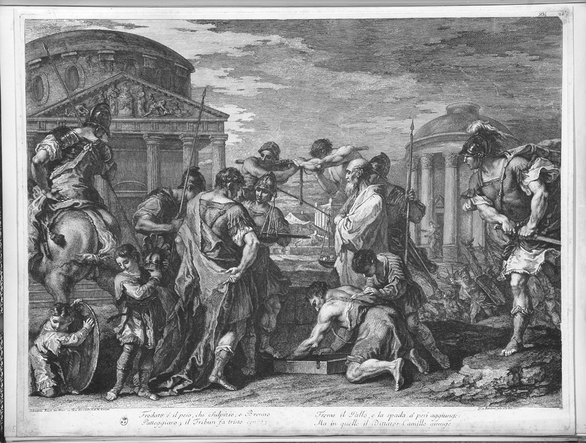 Brenno e Furio Camillo (stampa) di Bartolozzi Francesco, Ricci Sebastiano (sec. XVIII)
