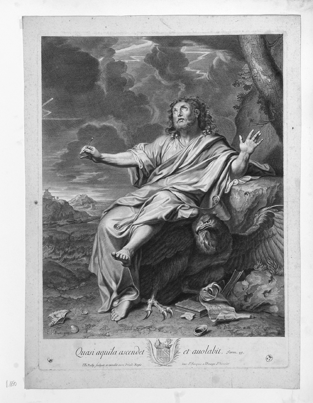 Quasi aquila ascendet et avolabit, San Giovanni Evangelista in Patmos (stampa smarginata) di De Poilly François, Le Brun Charles (fine/ inizio secc. XVII/ XVIII)