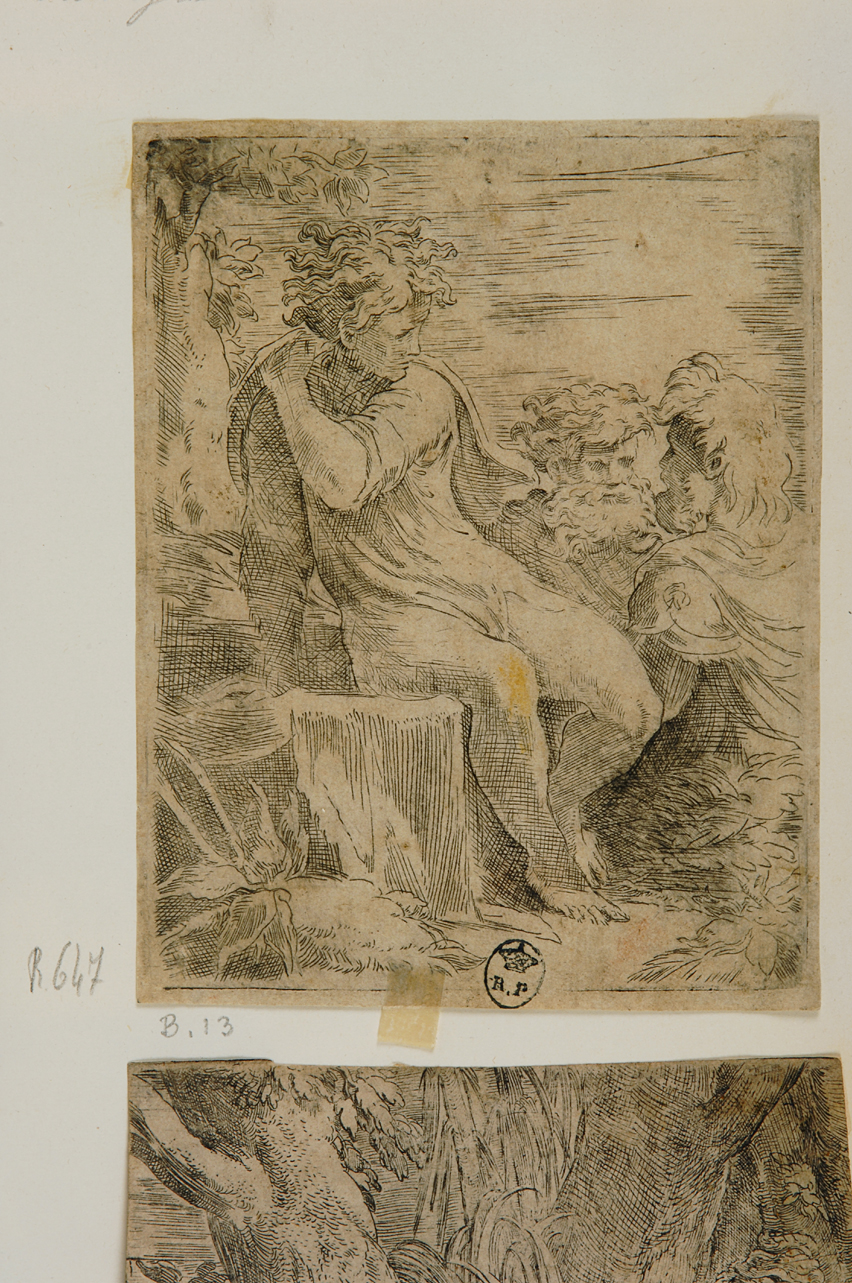 Giovane seduto e due vecchi (stampa smarginata) di Mazzola Francesco detto Parmigianino (secondo quarto sec. XVI)