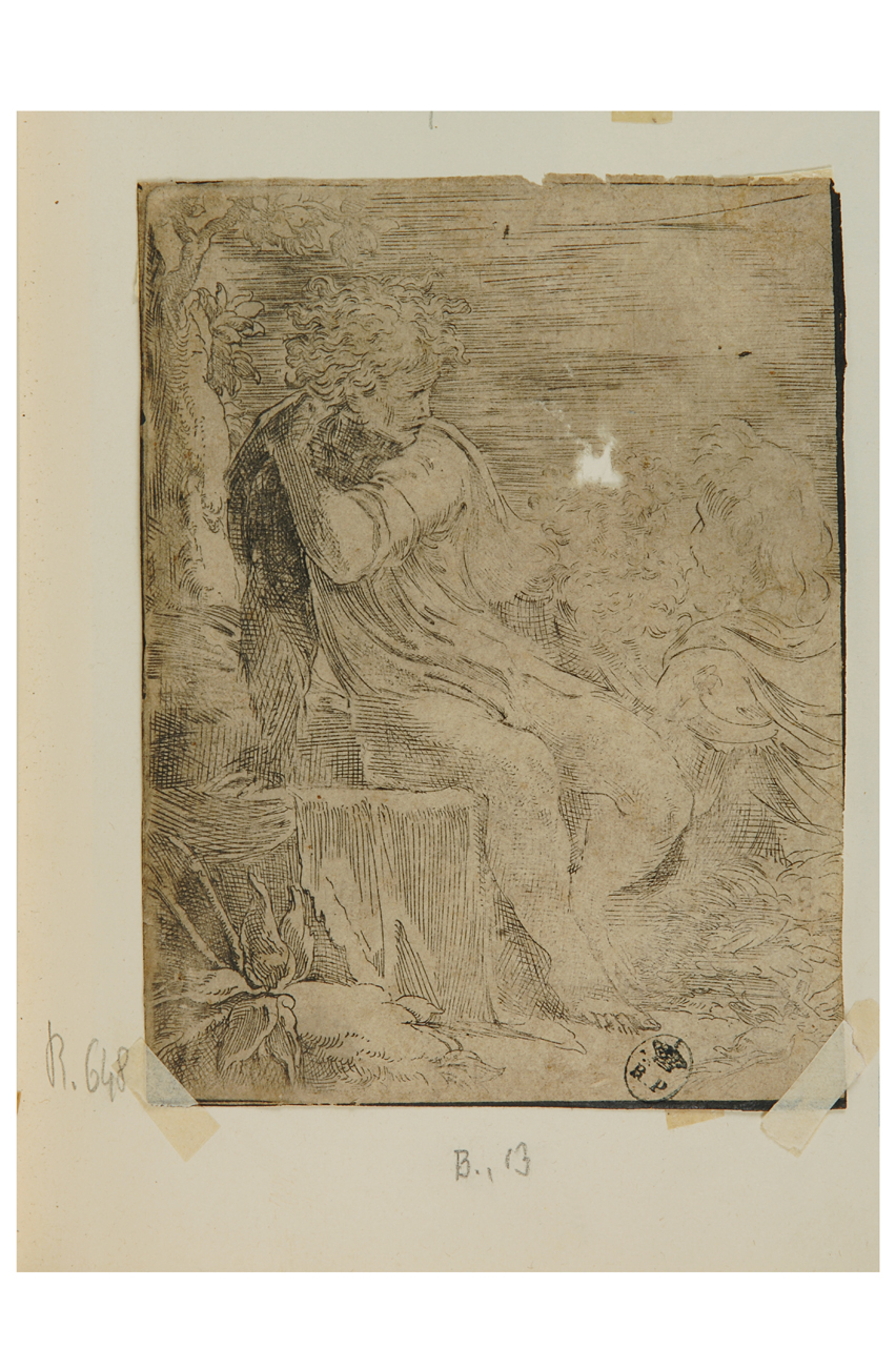 Giovane seduto e due vecchi (stampa smarginata) di Mazzola Francesco detto Parmigianino (secondo quarto sec. XVI)
