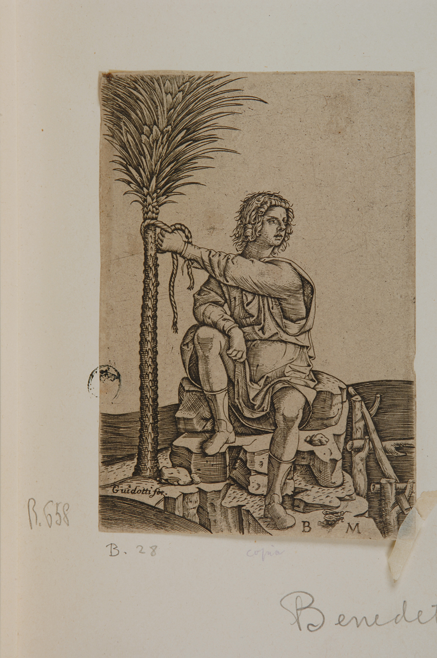 giovane seduto (stampa smarginata) di Montagna Benedetto (metà sec. XVI)