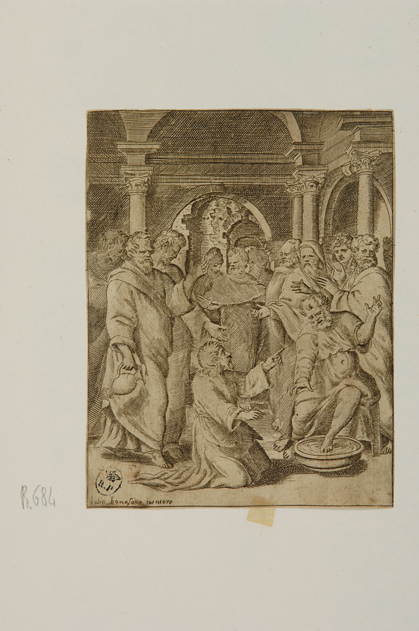 Cristo lava i piedi degli apostoli (stampa smarginata, serie) di Bonasone Giulio (sec. XVI)