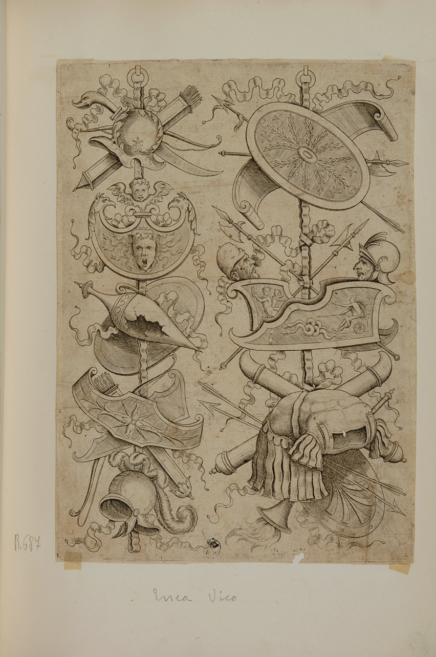 trofei di armi (stampa smarginata, serie) di Vico Enea (terzo quarto sec. XVI)