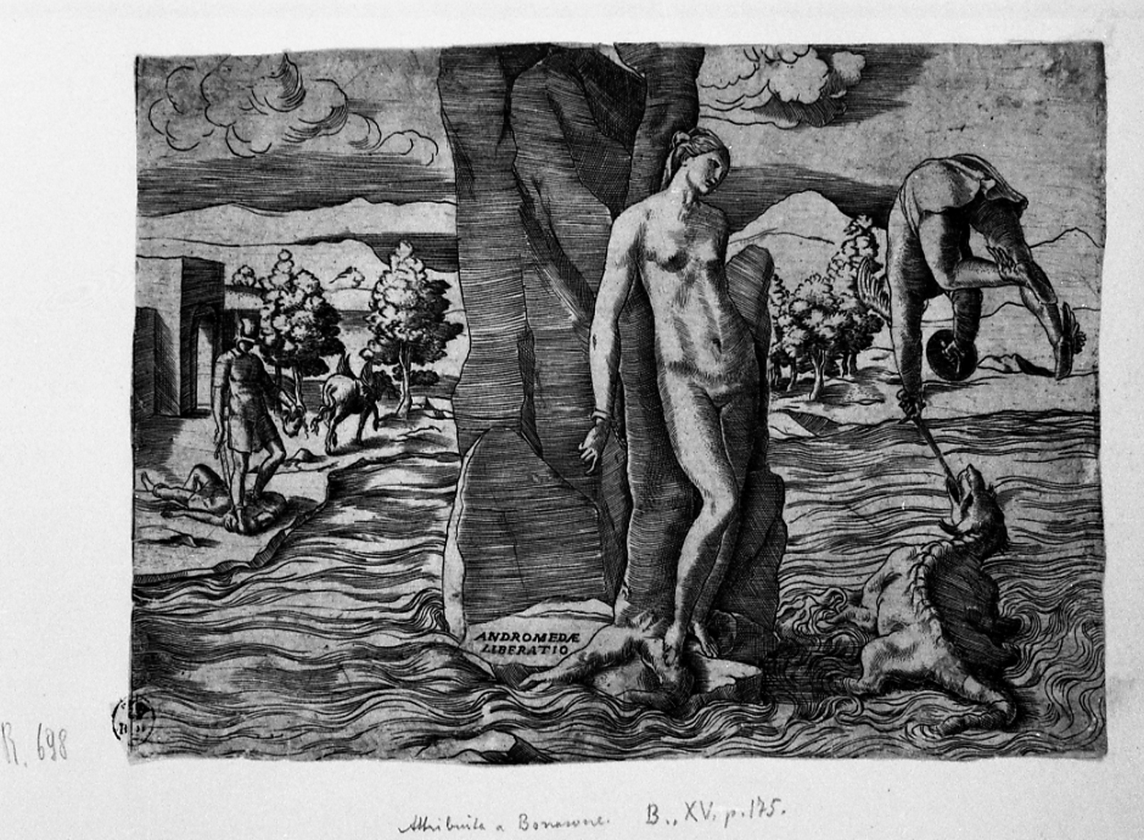 Andromedae liberatio, Perseo libera Andromeda (stampa smarginata) di Bonasone Giulio (attribuito) (sec. XVI)