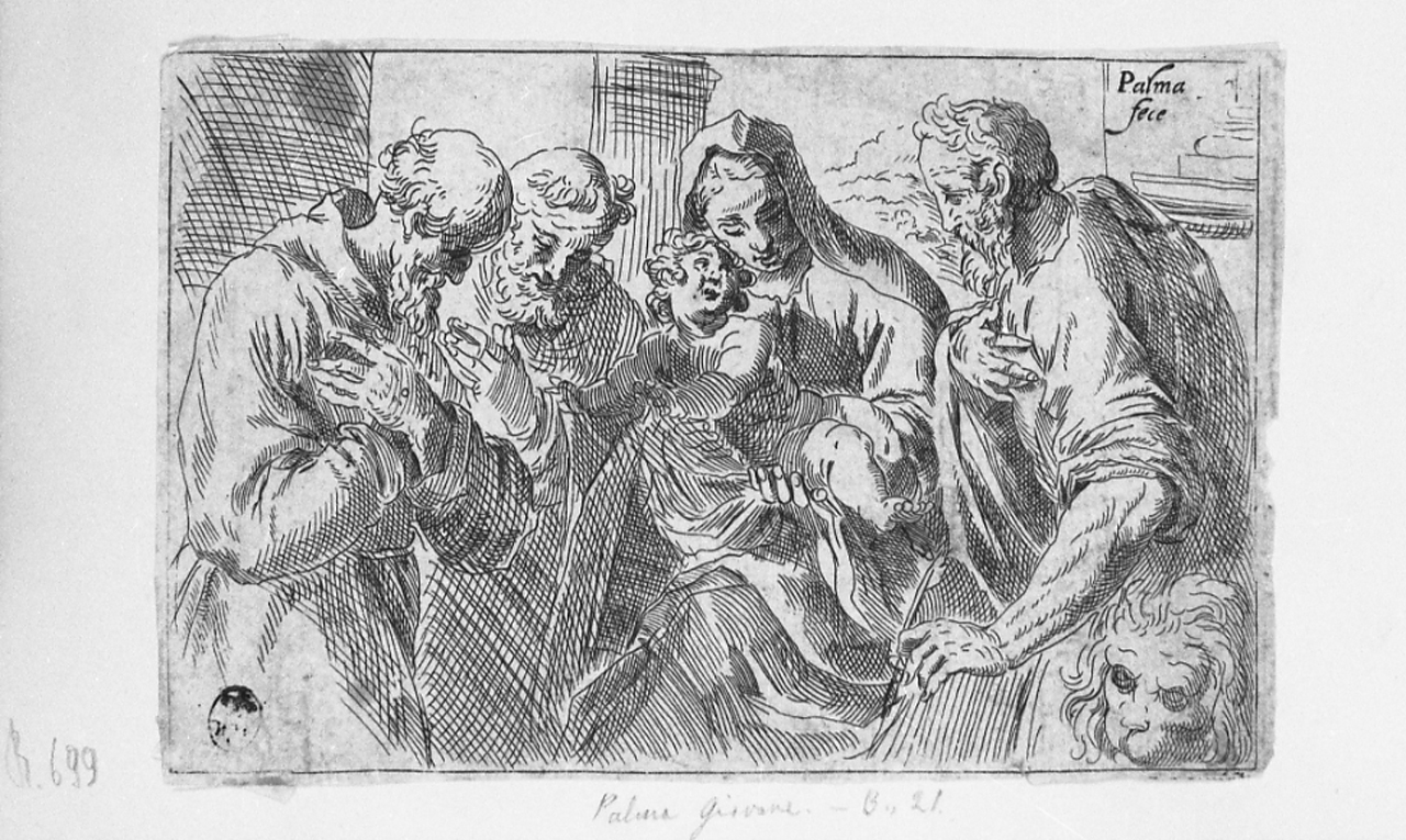Madonna con Bambino e Santi (stampa smarginata, serie) di Negretti Jacopo detto Palma il Giovane (fine/ inizio secc. XVI/ XVII)