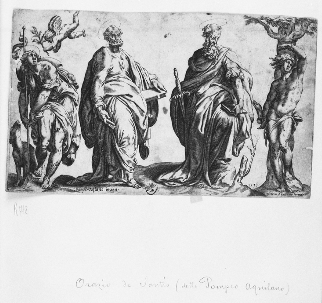 Santi Rocco, Paolo, Pietro e Sebastiano (stampa smarginata) di Cesura Pompeo detto Pompeo dall'Aquila, De' Santi Orazio detto Orazio Aquilano (sec. XVI)