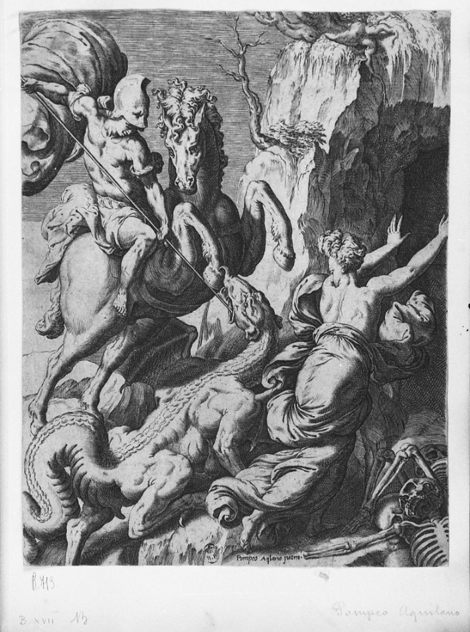 San Giorgio uccide il drago (stampa smarginata) di Cesura Pompeo detto Pompeo dall'Aquila, De' Santi Orazio detto Orazio Aquilano (seconda metà sec. XVI)