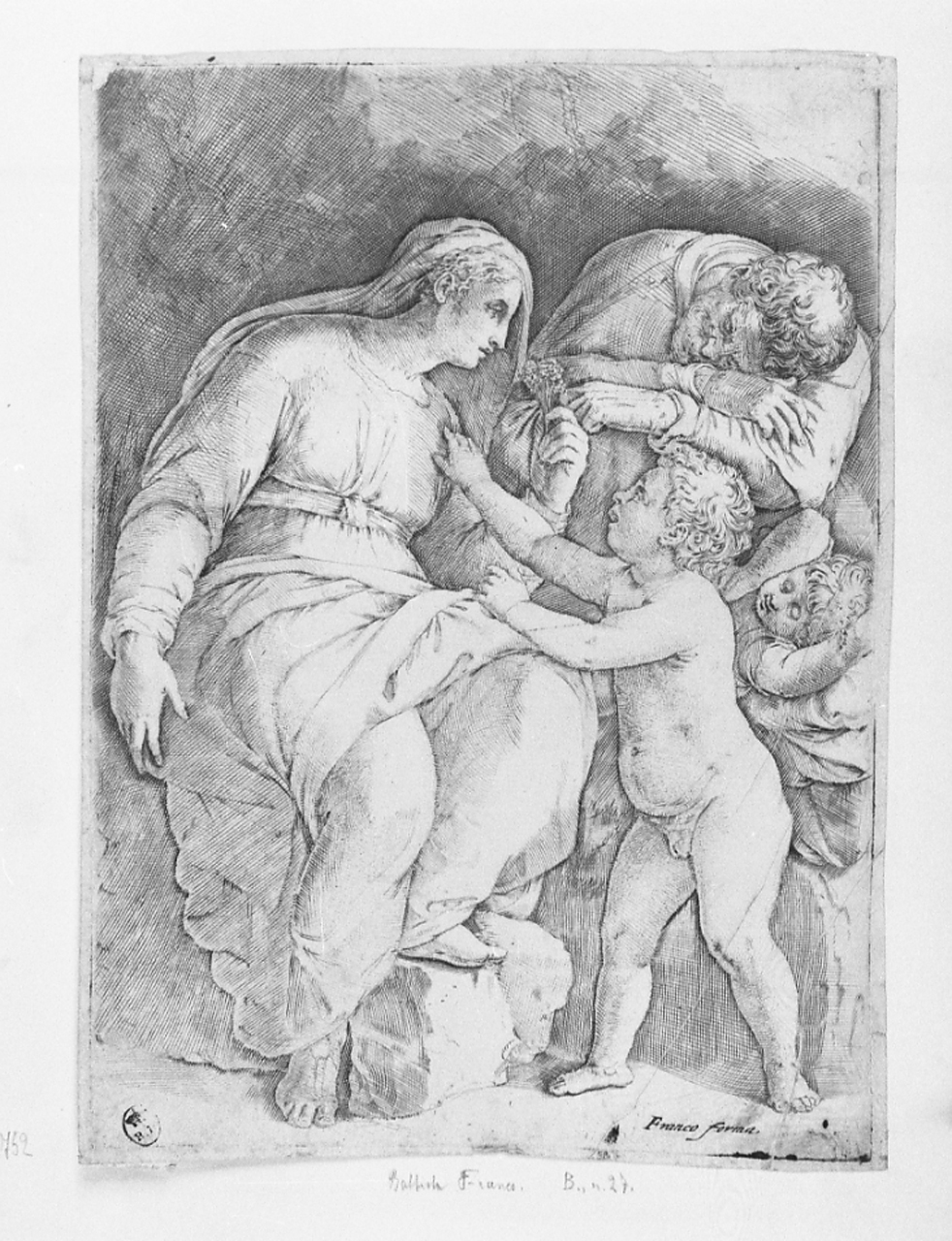 Sacra Famiglia con San Giovanni Battista bambino (stampa smarginata) di Franco Battista, detto il Semolei (sec. XVI)
