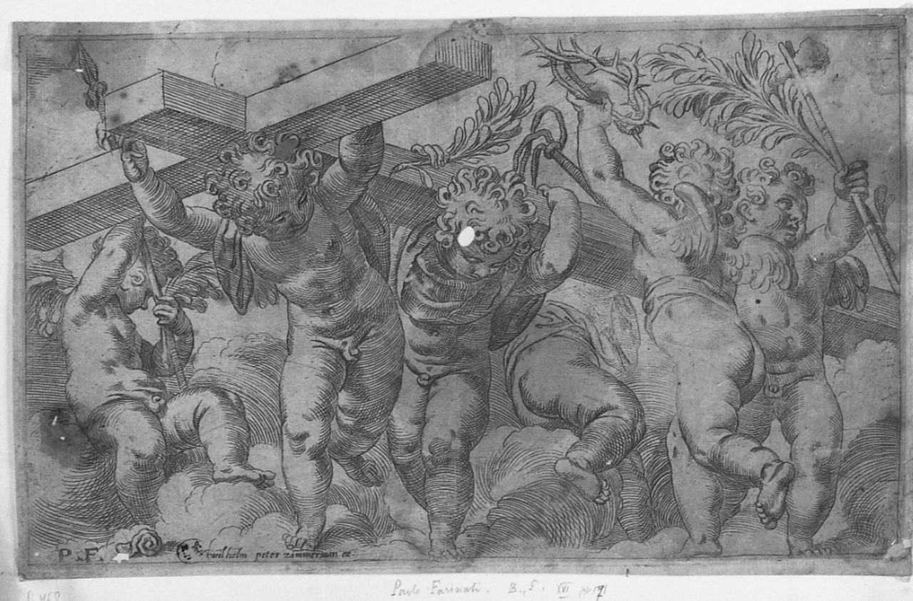 angeli con i simboli della passione (stampa smarginata) di Farinati Orazio, Farinati Paolo (secc. XVI/ XVII)