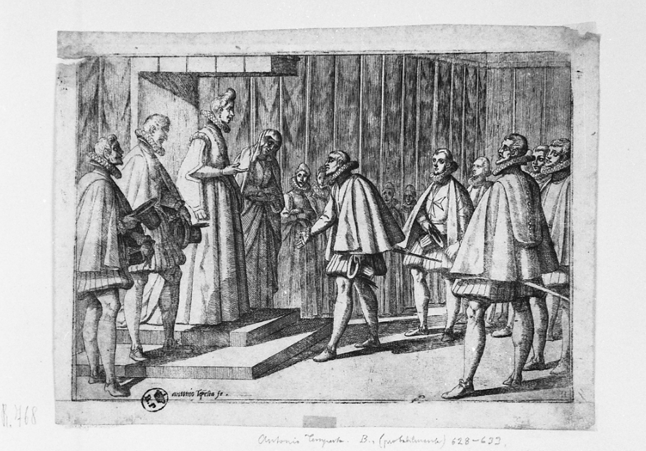 Margherita d'Austria, scena di corte (stampa smarginata) di Tempesta Antonio (primo quarto sec. XVII)