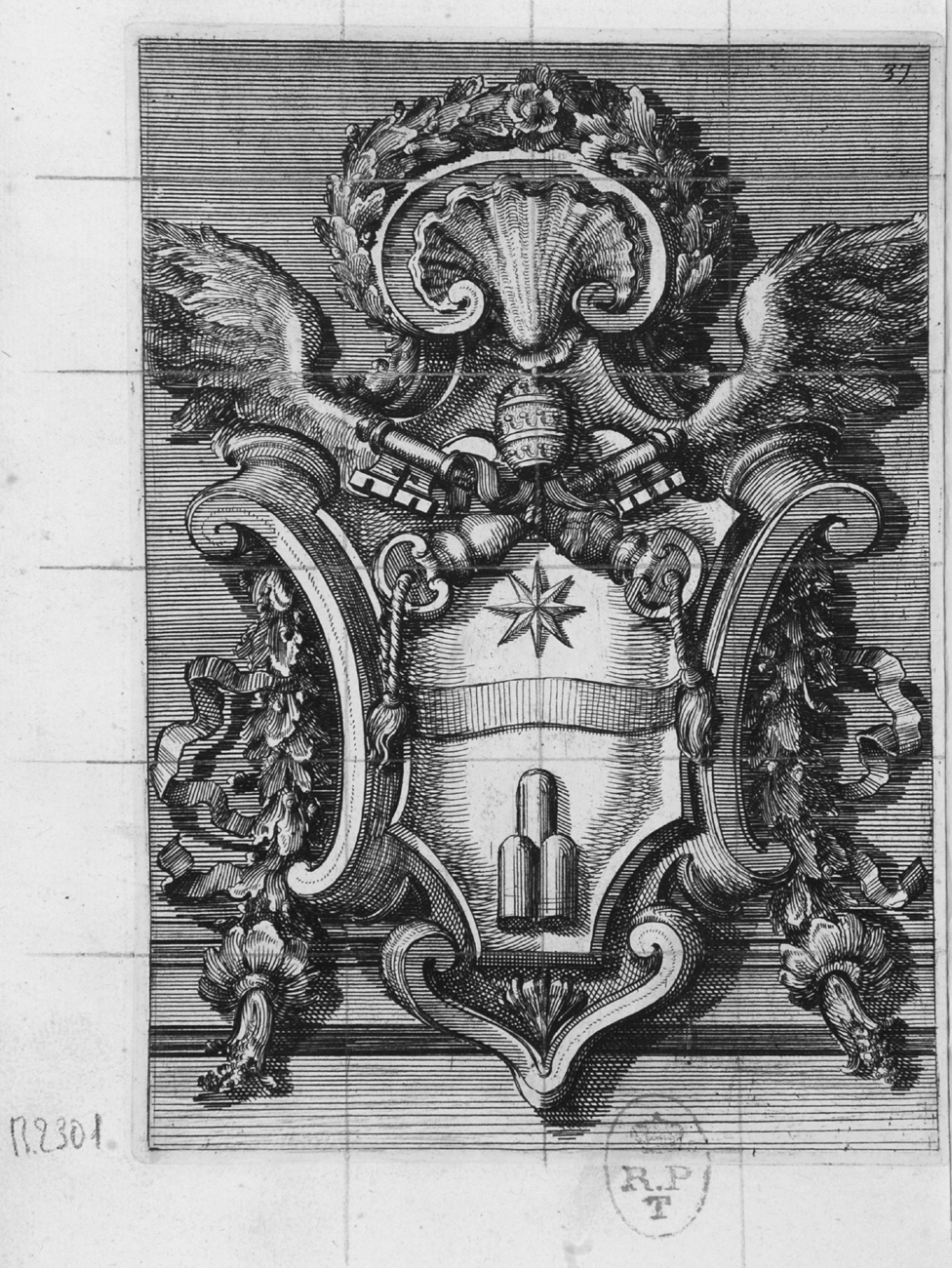 stemma papale di Clemente XI (stampa, serie) di Juvarra Filippo, Fontana Francesco (sec. XVIII)
