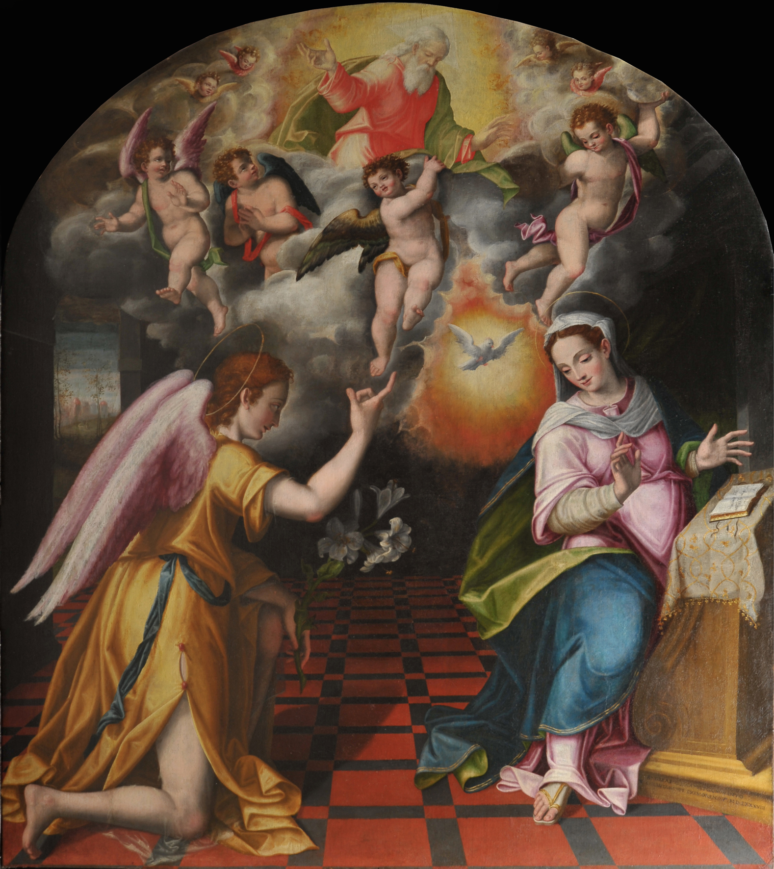 Annunciazione, Madonna, arcangelo Gabriele, Dio Padre con angeli (dipinto, opera isolata) di Mainardi Andrea detto Chiaveghino (attribuito) - ambito lombardo (fine sec. XVI)