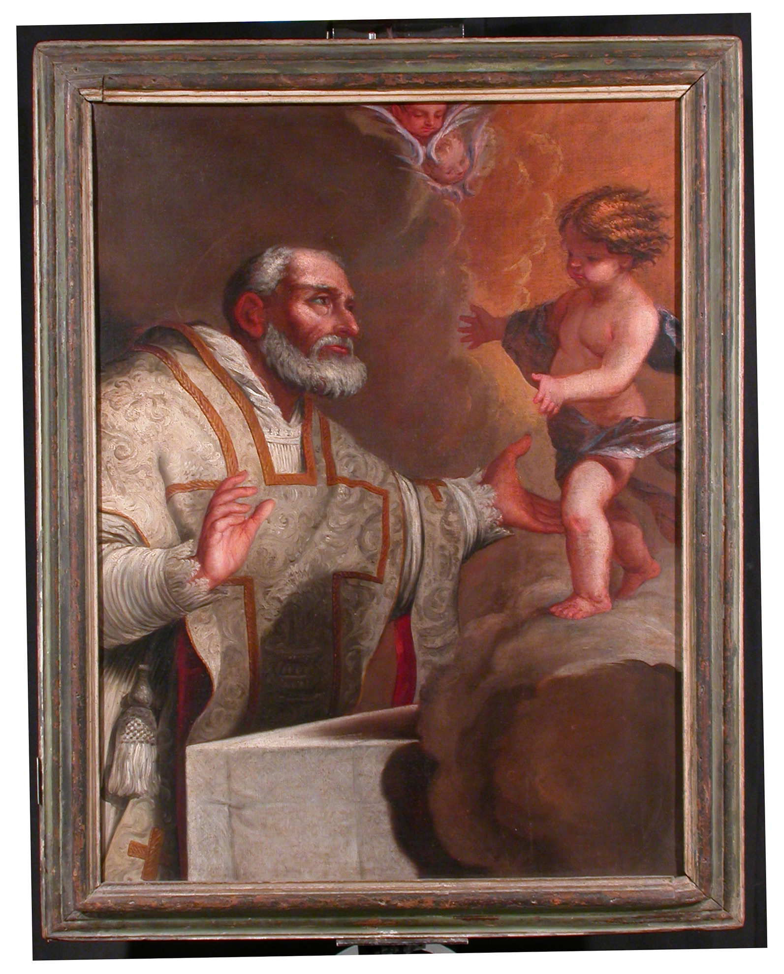San Filippo Neri, Santo con bambino Gesù e teste di cherubini (dipinto, opera isolata) di Cotta Giacomo (attribuito) - ambito bergamasco (seconda metà sec. XVII)