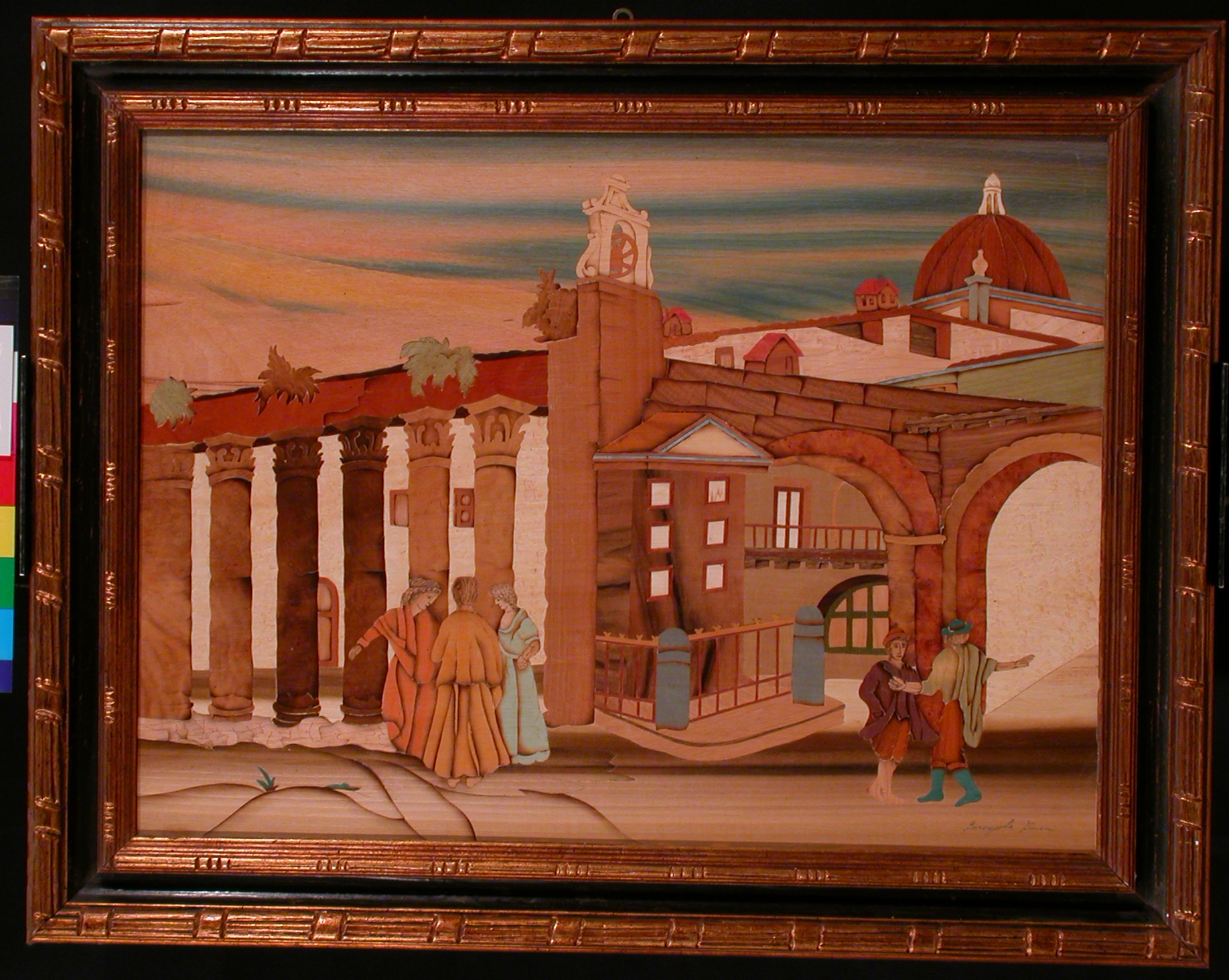 Veduta di città rinascimentale, Veduta di città con figure (Intarsio ligneo, opera isolata) di Bargiotta Piergiuseppe (attribuito) - ambito bergamasco (fine sec. XX)