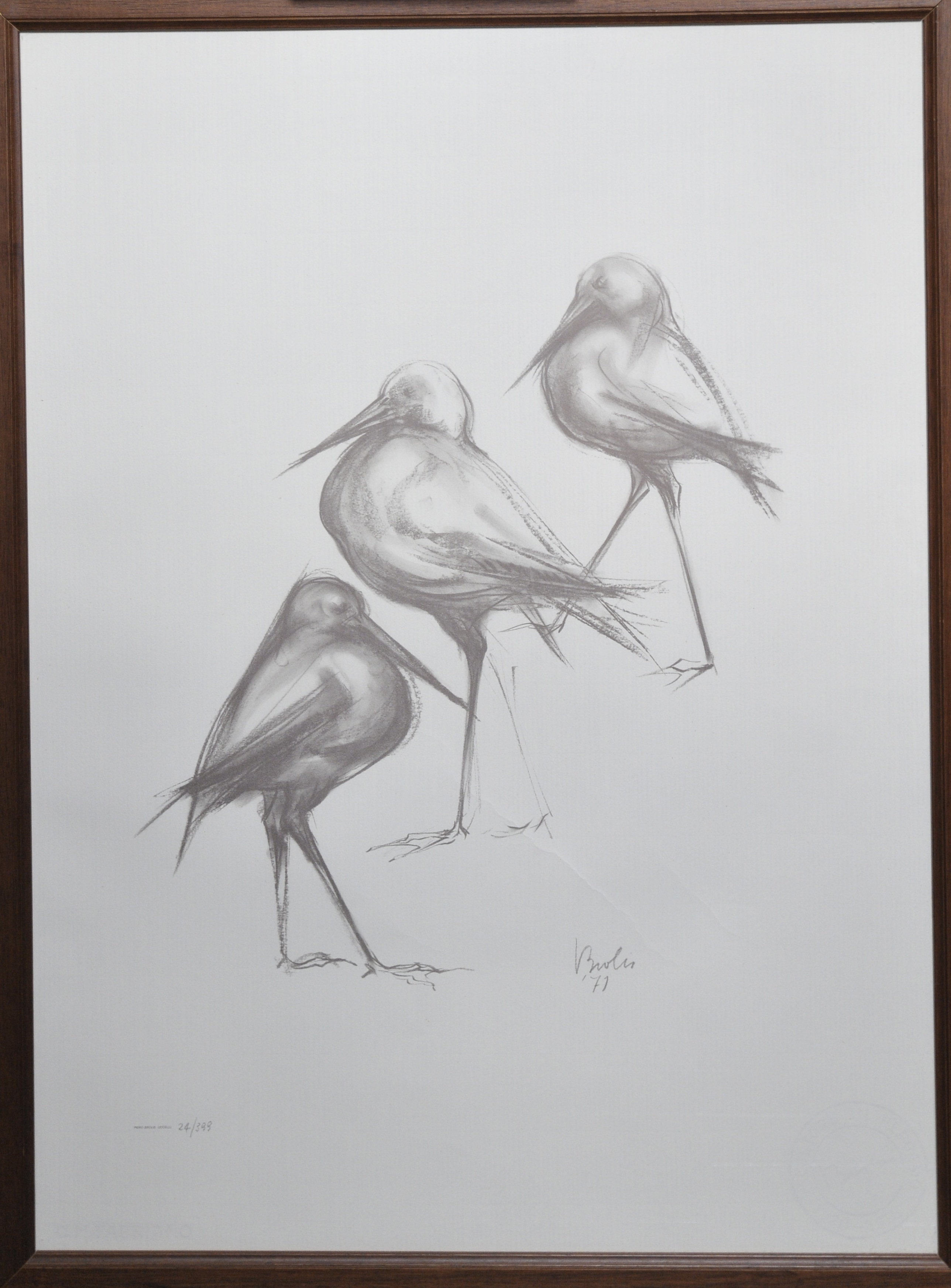 Tre uccelli, volatili (litografia, opera isolata) di Brolis Piero (attribuito) - ambito lombardo (ultimo quarto XX sec)