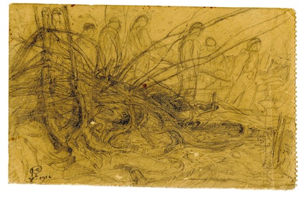 Soldati con lettiga e tronco d'albero (disegno) di Camona Giuseppe - ambito Italia settentrionale (primo quarto XX)