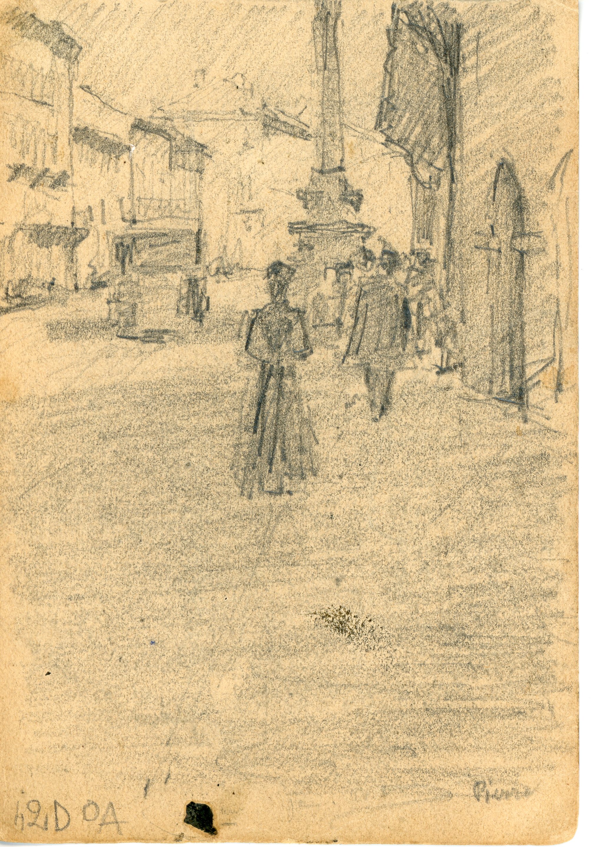 Veduta urbana, figure umane in una via (disegno) di Troubetzkoy, Pierre - ambito italiano (fine/ metà XIX/ XX)