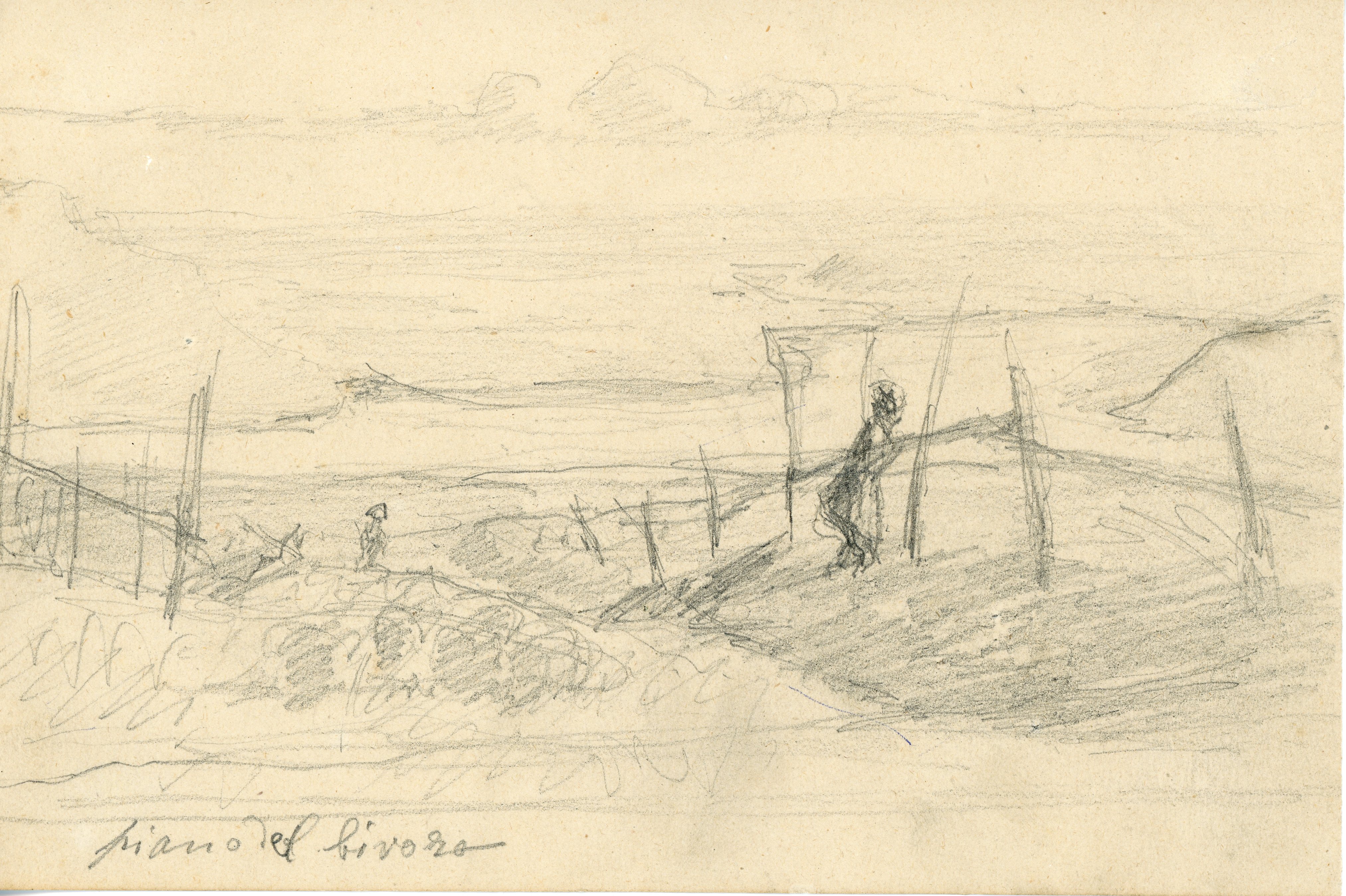 Pianura con uomini e staccionata (disegno) di Tominetti, Achille - ambito italiano (fine/ inizio XIX/ XX)