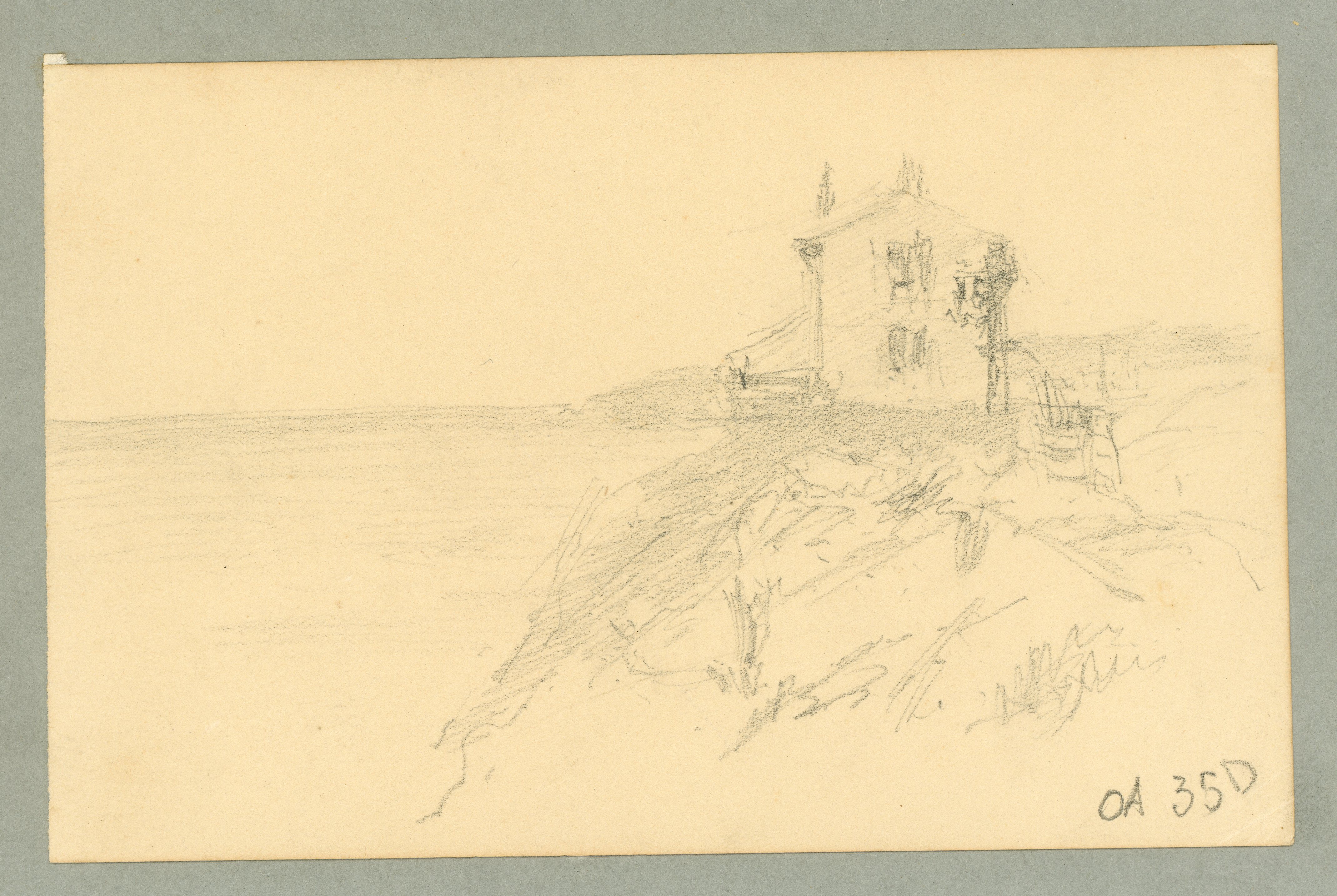 Casa su promontorio (disegno) di Tominetti, Achille - ambito italiano (fine/ inizio XIX/ XX)