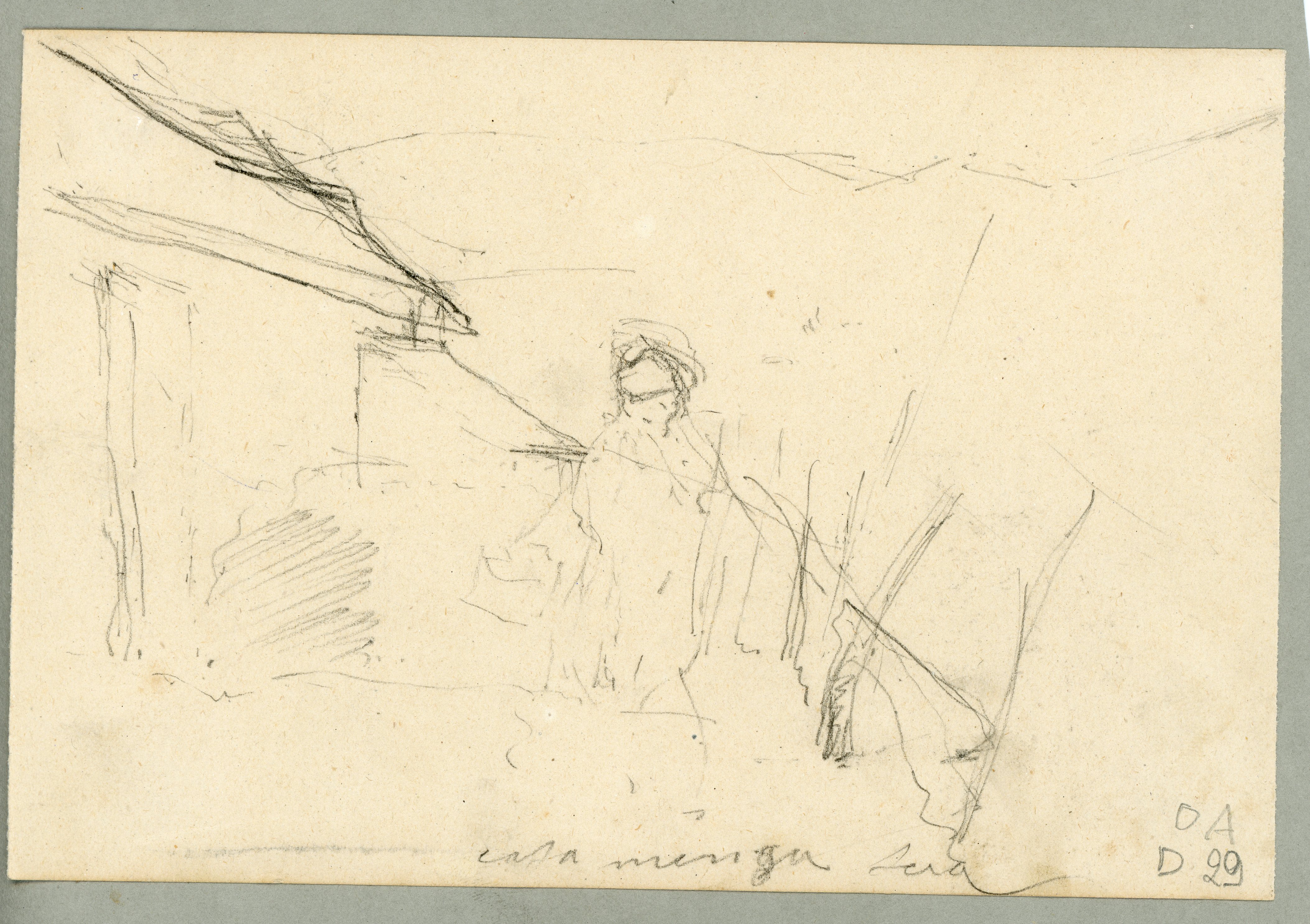 Uomo davanti a una casa (disegno) di Tominetti, Achille - ambito italiano (fine/ inizio XIX/ XX)