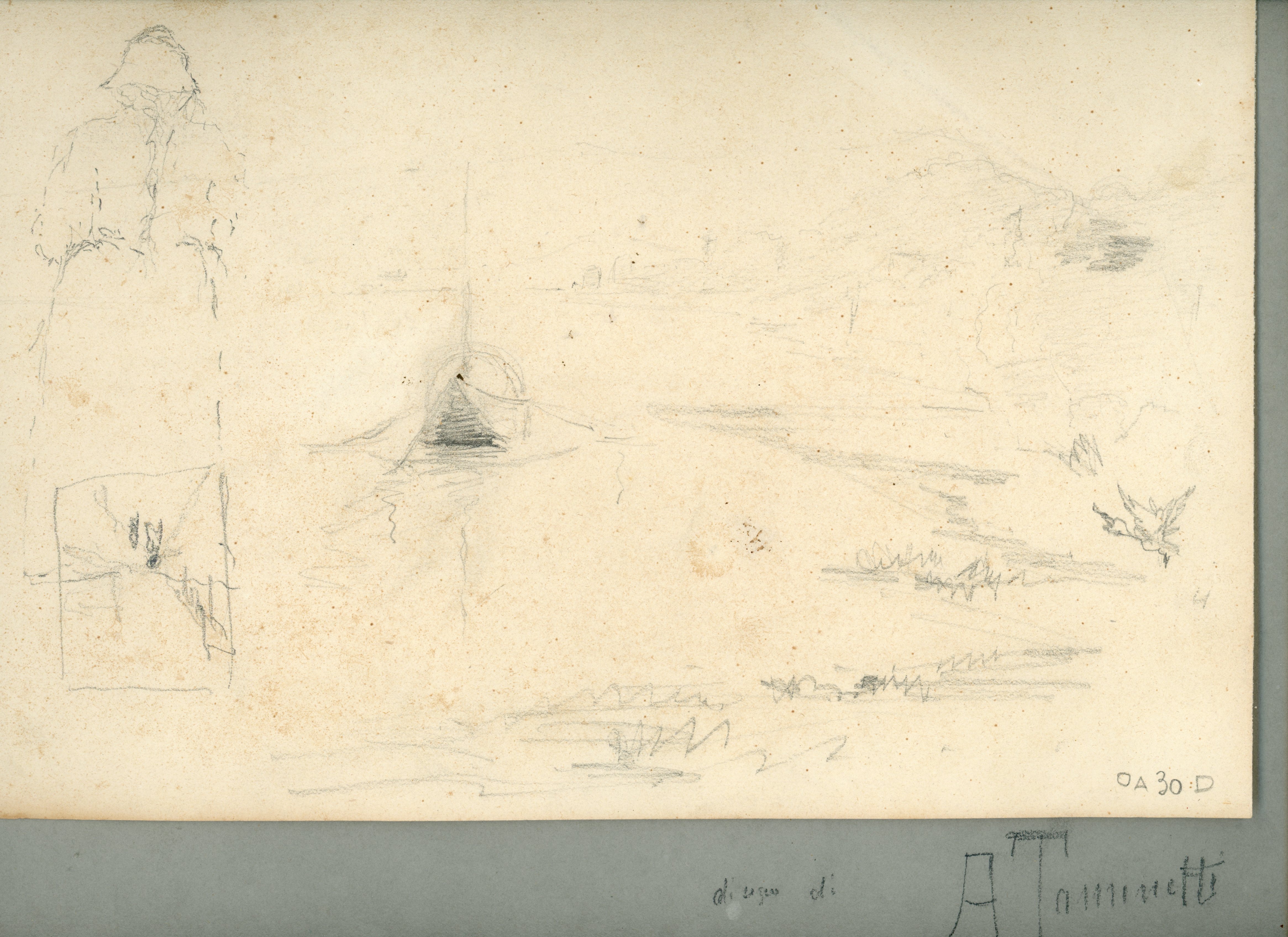 Schizzi: una donna, una barca, un uccello (disegno) di Tominetti, Achille - ambito italiano (fine/ inizio XIX/ XX)