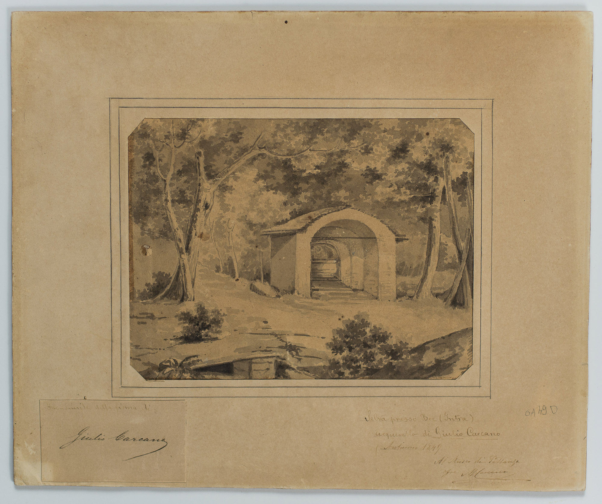 Paesaggio di Bée: cappelletta circondata da alberi (acquerello) di Carcano, Giulio - ambito italiano (XIX)
