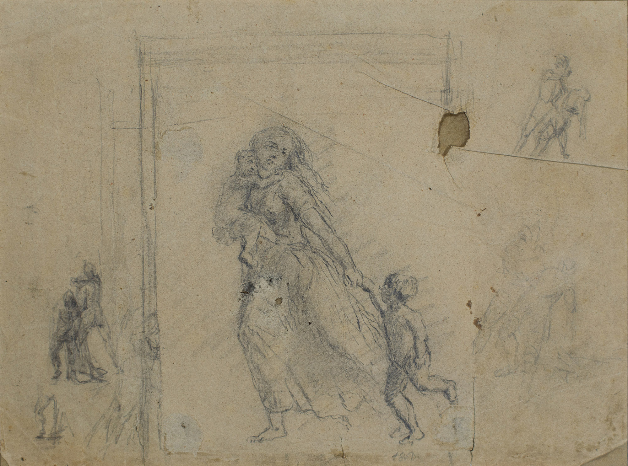 donna con due bambini (disegno) di Ranzoni, Daniele - ambito Italia settentrionale (terzo quarto XIX)