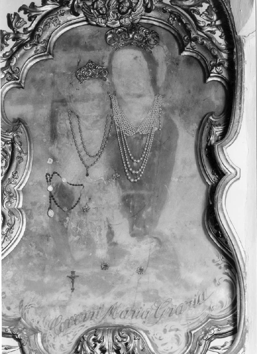 Madonnina delle Grazie, Madonna con Bambino, angeli reggicorona e donatore (dipinto) - ambito emiliano (metà, inizio sec. XV, sec. XVI)