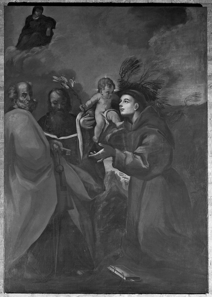 Sant'Antonio da Padova con il Gesù Bambino, San Pietro, San Paolo e la Madonna in gloria (dipinto) - ambito emiliano (seconda metà sec. XVII)