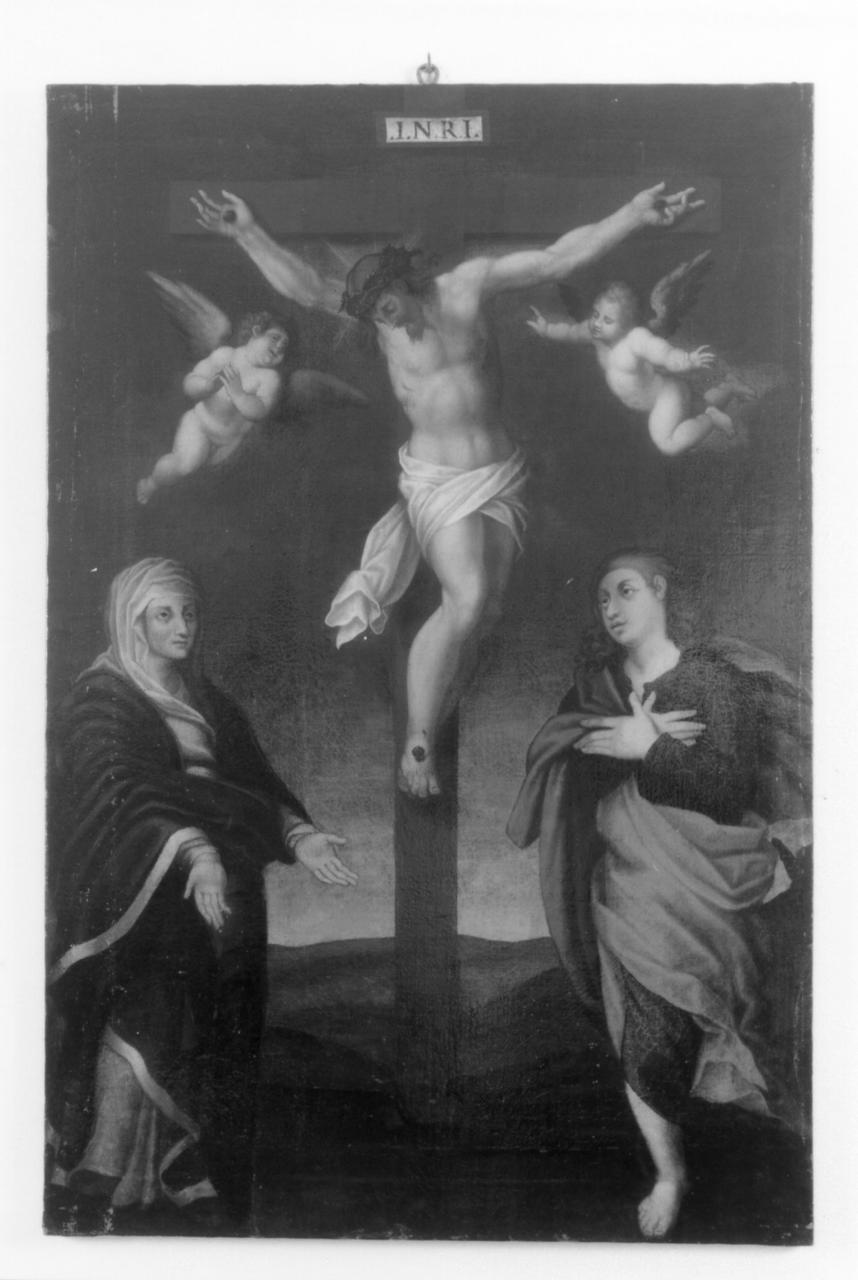 Cristo crocifisso con la Madonna e San Giovanni (dipinto) di Setti Ercole (ultimo quarto sec. XVI)