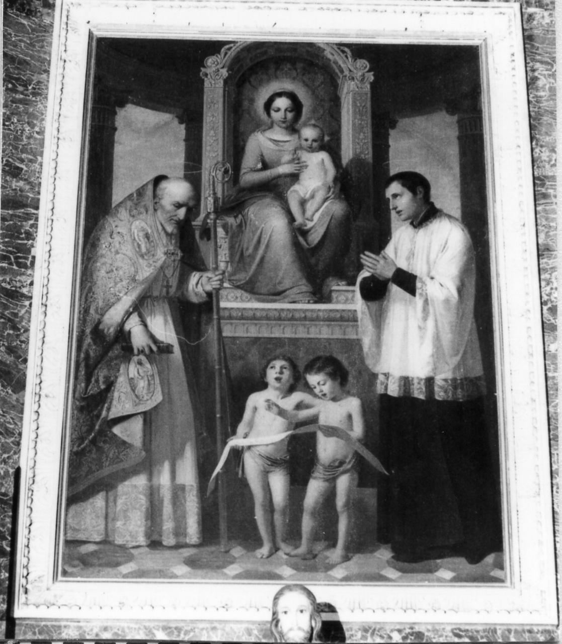 Madonna in trono con Bambino, San Luigi Gonzaga e Sant'Antonio de Liguori (dipinto) di Malatesta Adeodato (sec. XIX)