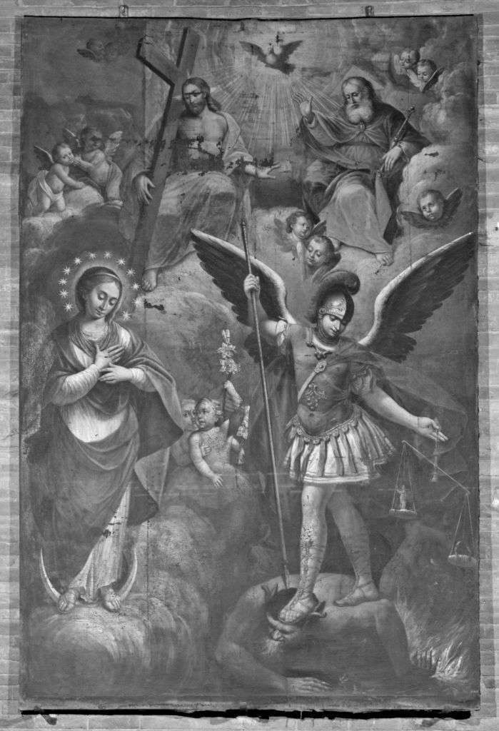 Madonna Immacolata con San Michele Arcangelo, Trinità e angeli (dipinto) di Consetti Antonio (fine/ inizio secc. XVII/ XVIII)