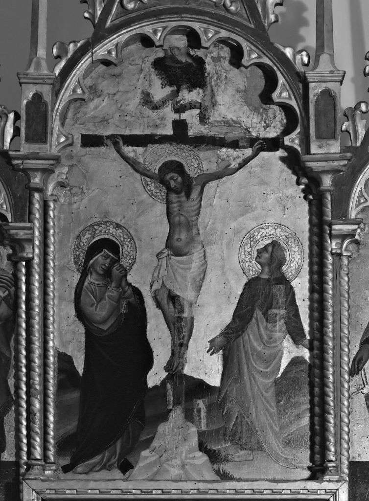 crocifissione di Cristo con la Madonna, San Giovanni Evangelista (scomparto di polittico) di Lambertini Michele detto Michele di Matteo da Bologna (sec. XV)