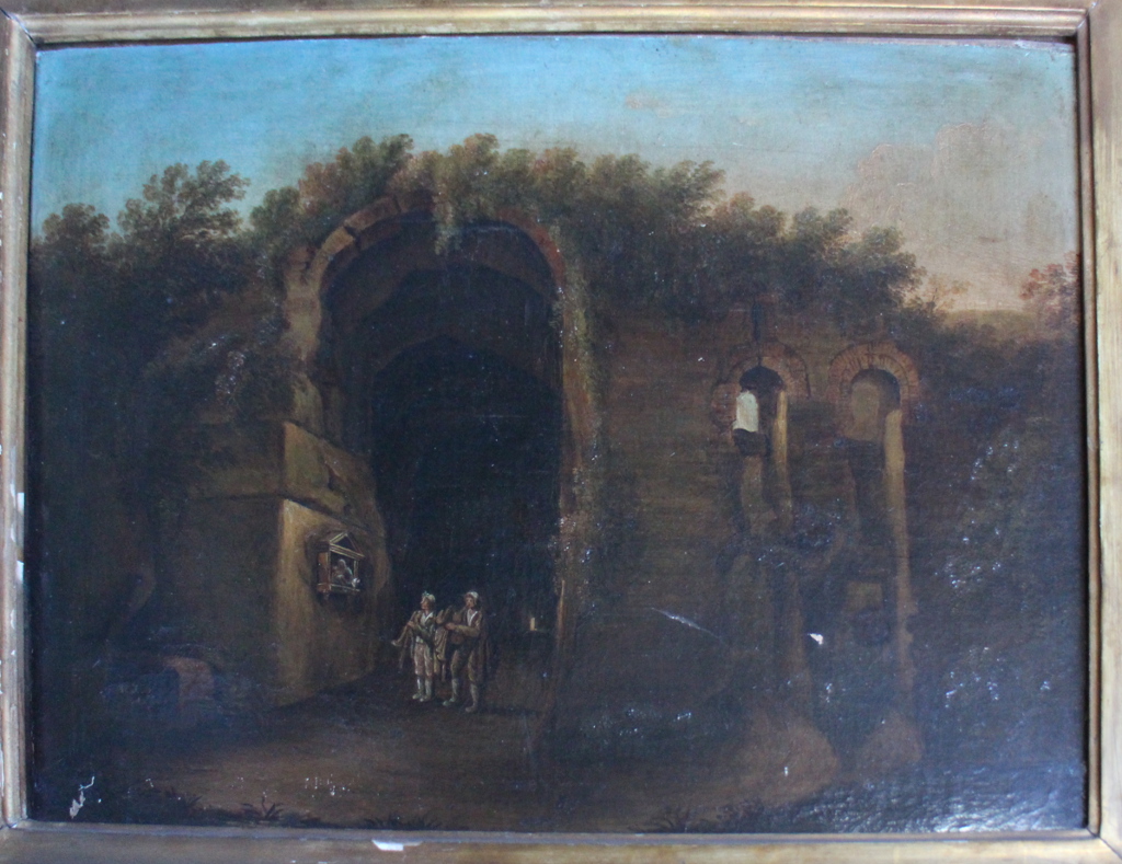 paesaggio con architetture e zampognari (dipinto) - ambito Italia centro-settentrionale (prima metà sec. XIX)