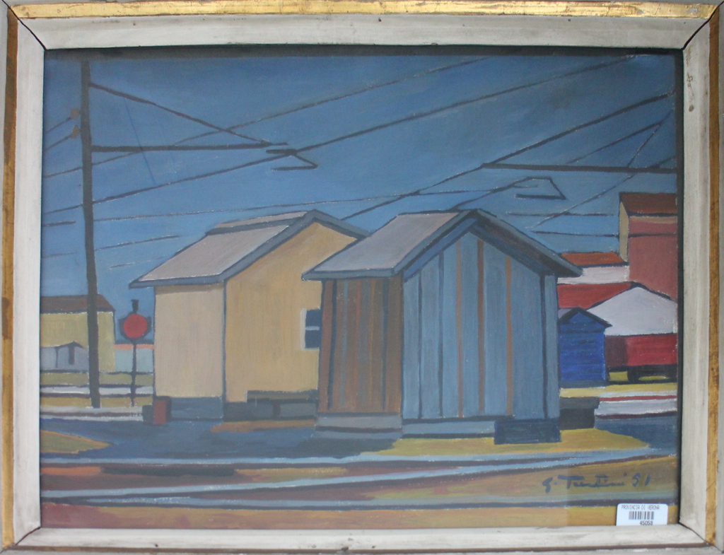 Paesaggio con ferrovia (dipinto) di Trentini Guido (sec. XX)