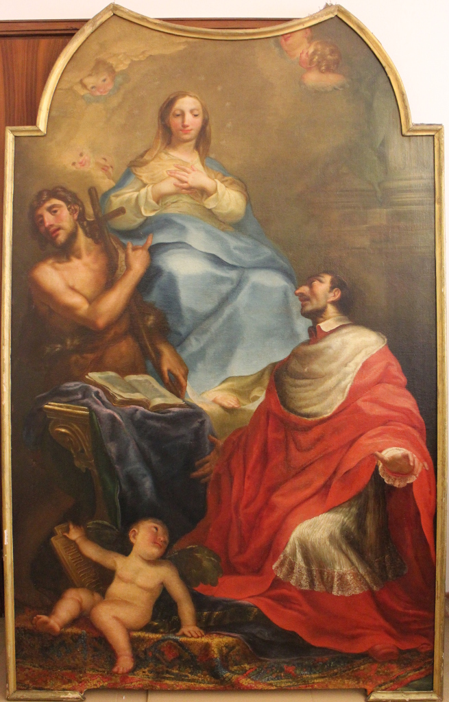 Madonna con San Giovanni Battista e San Carlo Borromeo (dipinto) di Perotti Pietro Antonio (metà sec. XVIII)