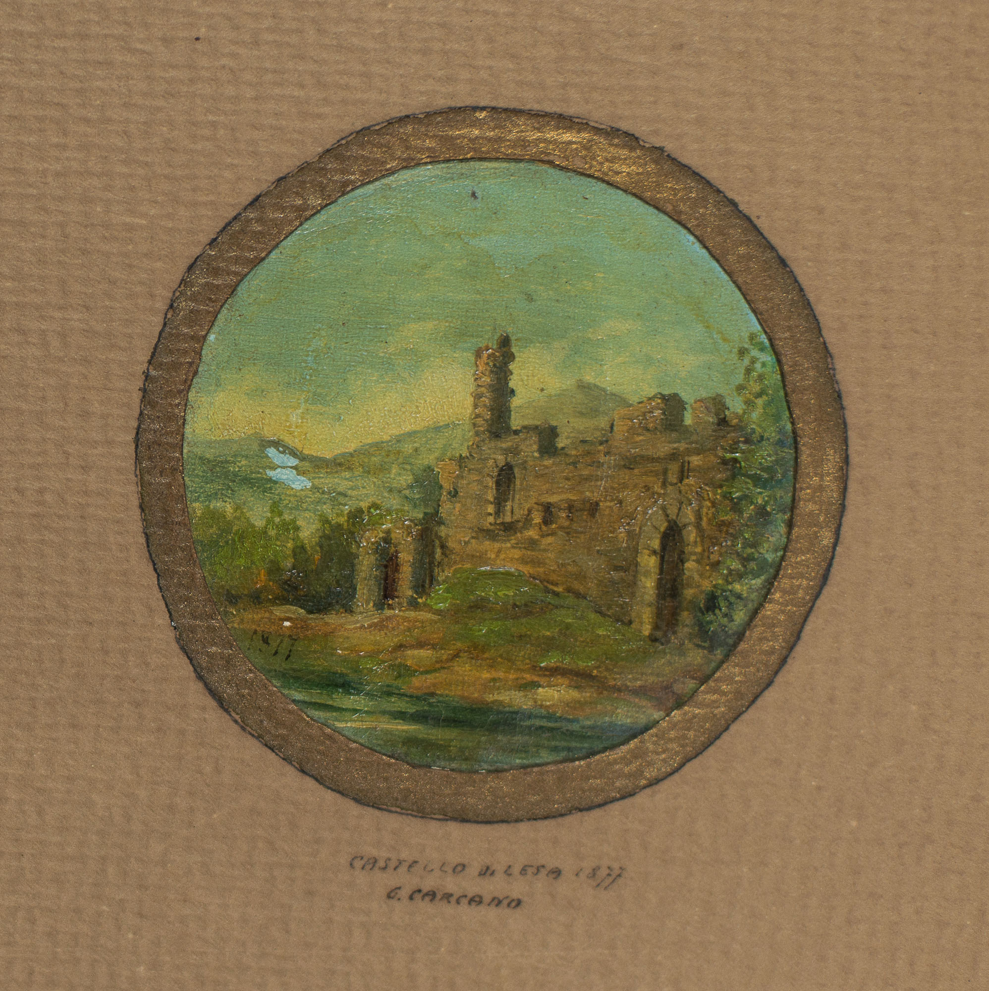 Castello di Lesa, Paesaggio lacustre con castello (dipinto) di Carcano, Giulio - ambito italiano (seconda metà XIX)
