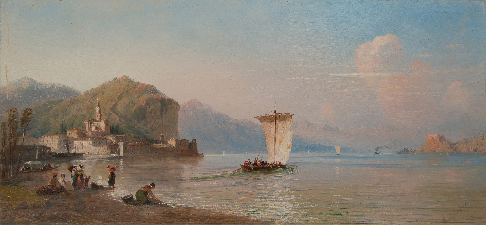 Arona, Paesaggio lacustre (dipinto) di Bossoli Carlo - ambito italiano (seconda metà XIX)