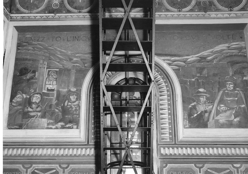 figure di soldati in trincea prima della battaglia (dipinto, complesso decorativo) di Chini Tito (sec. XX)