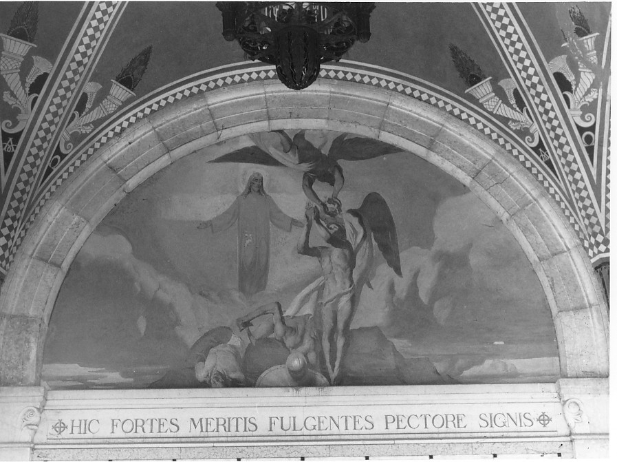 un angelo incorona un soldato morente che offre il proprio cuore a Cristo (dipinto) di Lepscky Gian Maria (sec. XX)